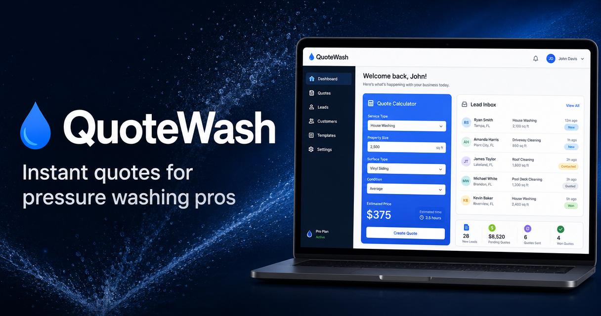 QuoteWash branded preview showing the quoting and lead-management dashboard